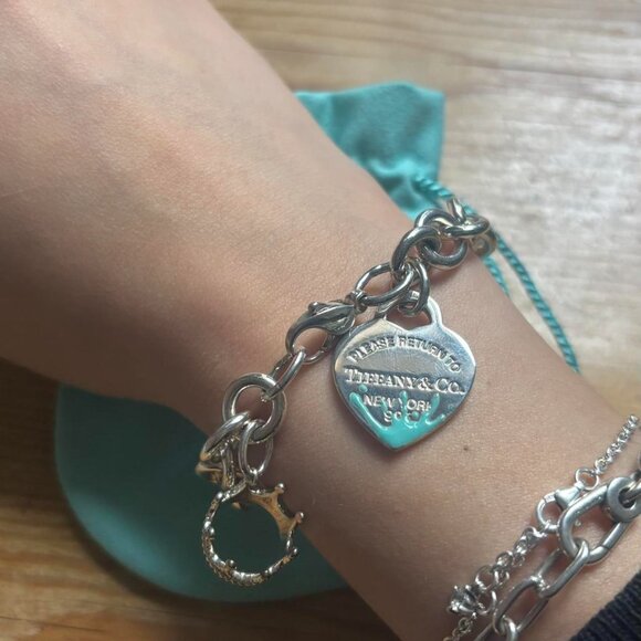 Tiffany & Co. Return Blue Splash Heart Bracelet w/ Crown Charm 6.5" - Picture 3 of 5